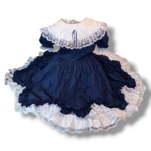 Vtg Lid'l Dollys Full Circle Dress-Size 12-Navy-Lace Trim-Pageant-Square Dance